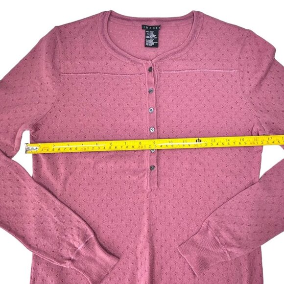 THEORY Wool Henley Sweater Sz.M Pointelle Knit Pink Preppy Lightweight Cottage - Picture 8 of 10